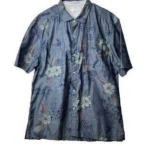 Tommy Bahama Jeans Blue Floral Hawaiian Button Front Short Sleeve Shirt XL